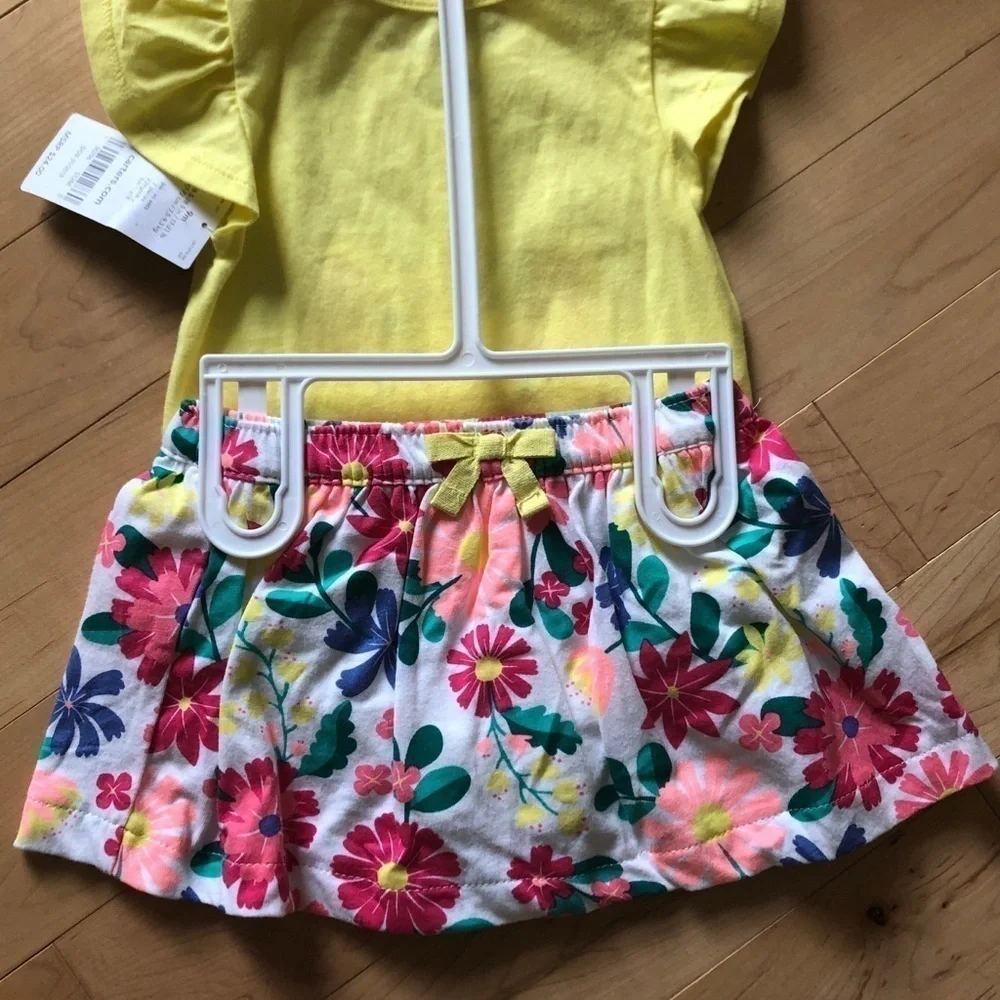 NWT Carter’s yellow baby girl cat floral ruffle shirt and skort outfit 9 months